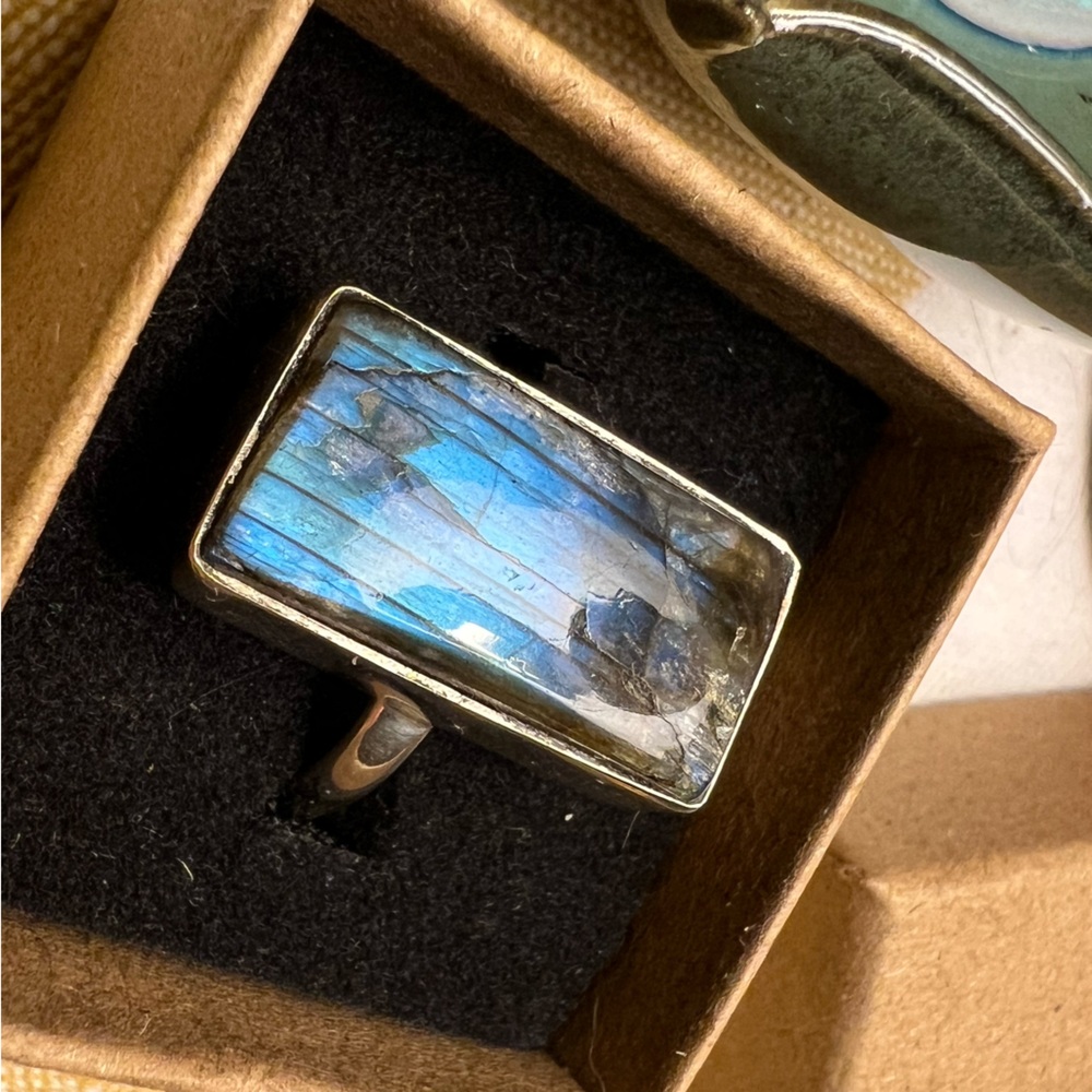 Blue Green Gray Large Rectangle Cut Labrodorite Ring